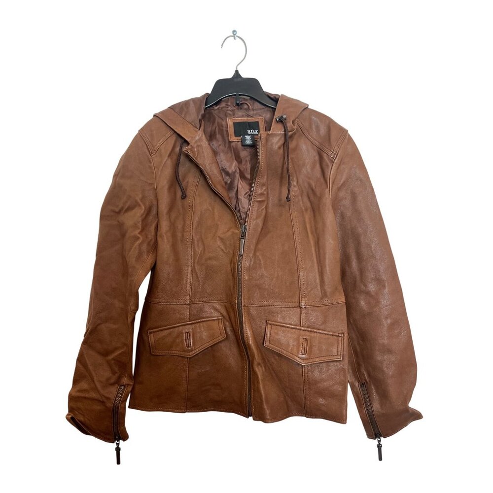 Vintage Womens Brown Leather Jacket With Hood & Zipper Front Closure Size S Genu